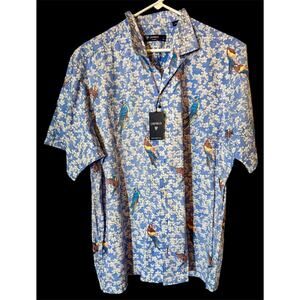 NWT Cremieux XL Short Sleeve Blue Reverse Print Hawaiian Shirt Luau Tiki Party